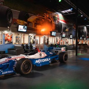 a michael andretti indycar sits on display at k1 speed austin