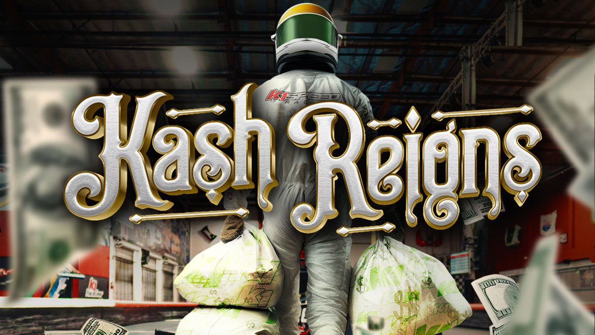 a driver holds bags of cash as he walks the track. text over image reads "kash reigns"